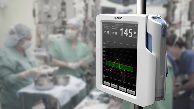 Echo therapeutics blood glucose monitor on IV pole in the operating room